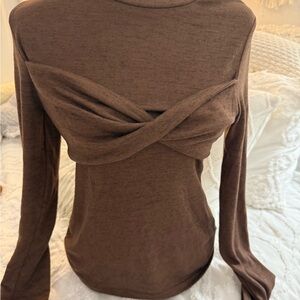 Commense Brown Twist-Front Long Sleeve Top